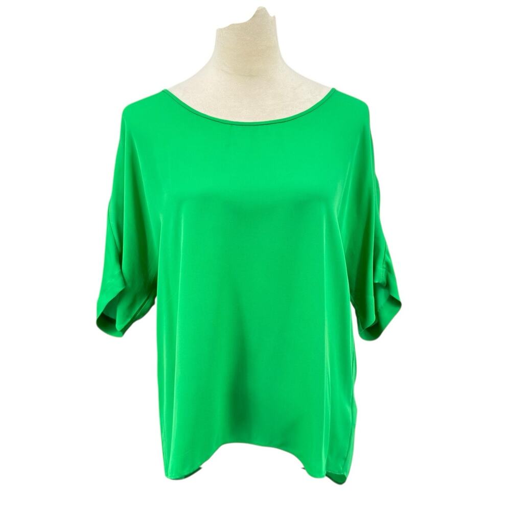 Halston Heritage Bright Solid Green 3/4 Sleeve Boat Neck 100% Silk Chic Blouse